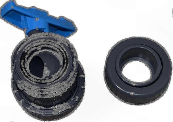 50 mm PVC kuleventil med doble tilkoblinger og grå hylse 5 5 5 5