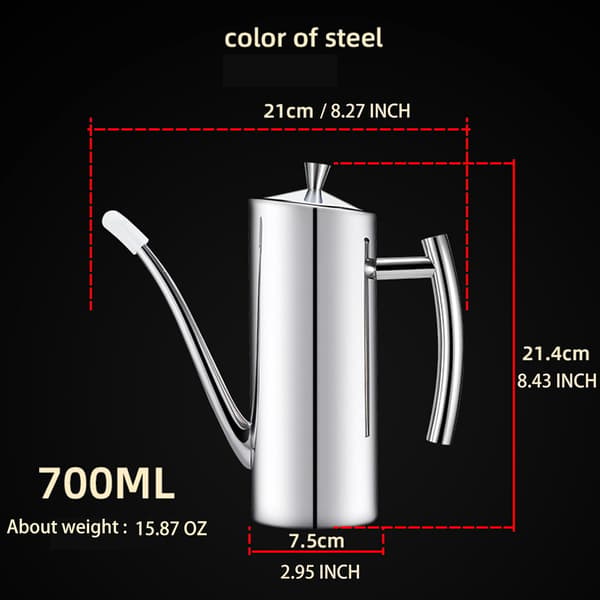 Olivenoliedispenser og køkkenkande i rustfrit stål (700 ml), lækagesikker olieflaske med design i ét stykke og lang, slank tud for præcis
