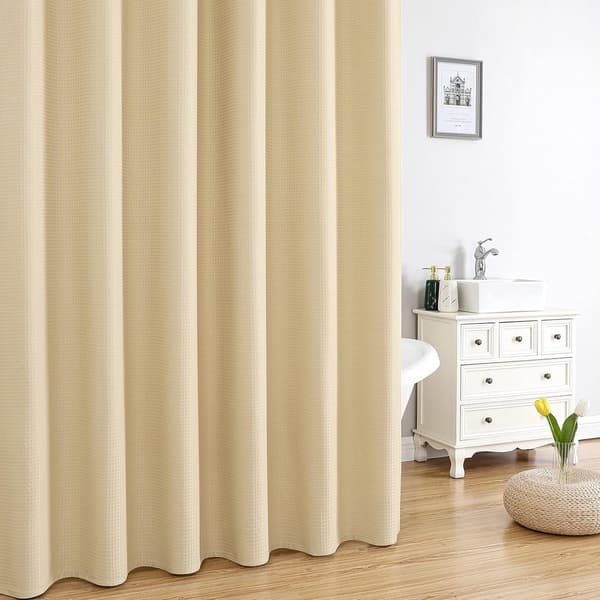Vafflet dusjforheng, beige, 180x200cm, vaskbar og vanntett polyester, inkludert ringer