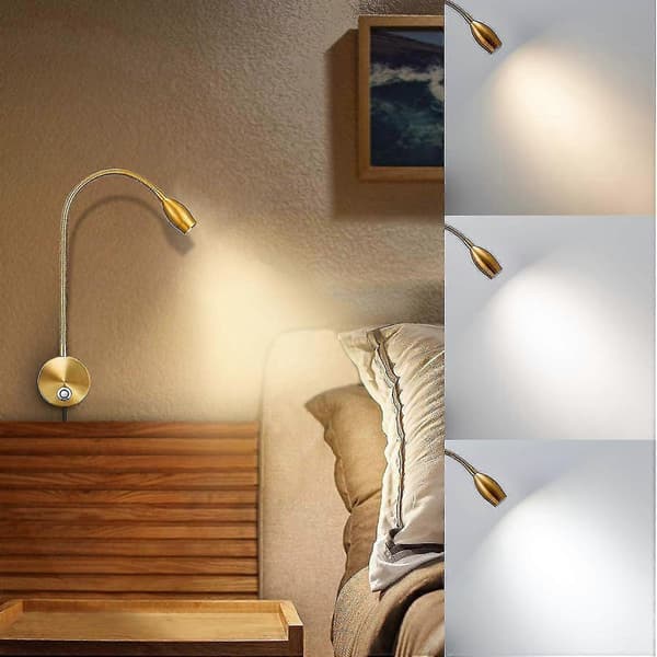 Dæmpbare LED-læselamper, vægmonterede læselamper til sengegavl, fleksibel svanehals med touch-dæmper, plug-in kablet, 3 farvetilstande, 2-pak