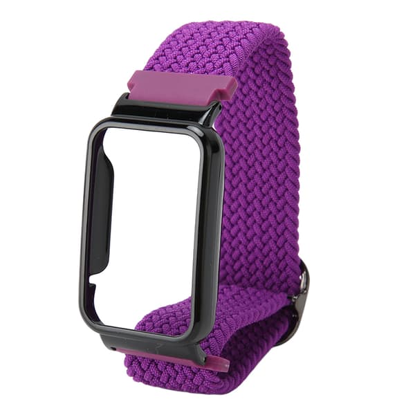 Flettet Loop Rem til Mi Band 7 Pro Justerbar Elastisk Nylon Loop Armbånd med Beskyttelsesramme Lilla Rem Sort Etui