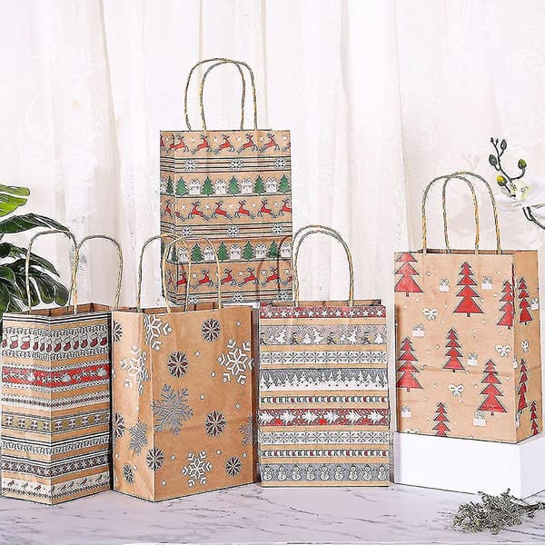 Julklappspåsar i Kraftpapper, 24 stycken, med Handtag, Julpapperspåsar