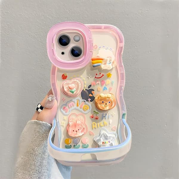Compatible with iPhone Case, Cute Water Wave Frame 3D Bear Rabbit Stand Soft Shockproof Protective Phone Case (Pink, iPhone 15 Plus)