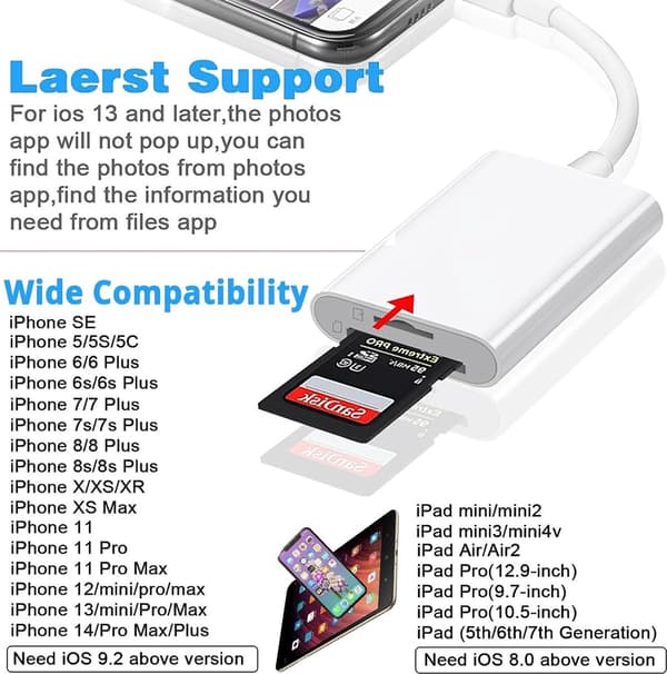 Card Reader with Lightning Connector - Works with iPhone and iPad - SD Card and Micro SD - 2-in-1 Dual Slot - Portable SD Card Adapter