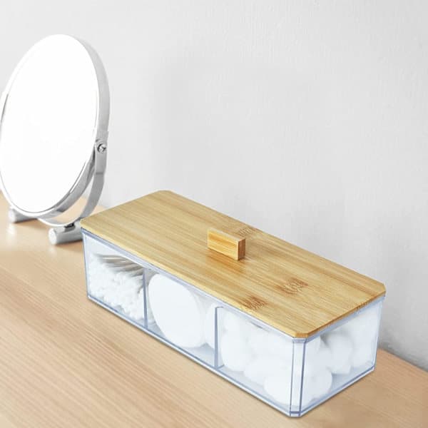 Akryl Q-tips holder dispenser med trelokk, 3 rom bomullspinneholder