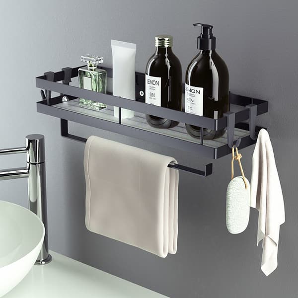 Wall-mounted spice rack without drilling, hanging spice rack with paper towel holder and 4 removable hooks, 35 cm Black