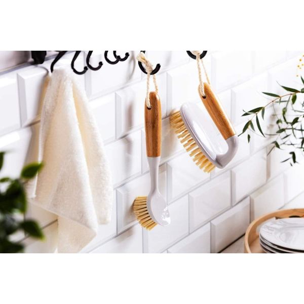 Suitable for Various Cleaning Tasks Bamboo Handle Dish Brush, Non-Scratch Bristles Kitchen Cleaning Tools, Odorless Built-in Scraper