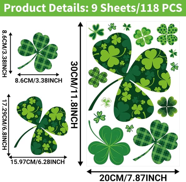 St Patricks Day Window Decals, Reusable Double-Sided Clover Stickers for Glass, Spring Home Office (117 pcs)
