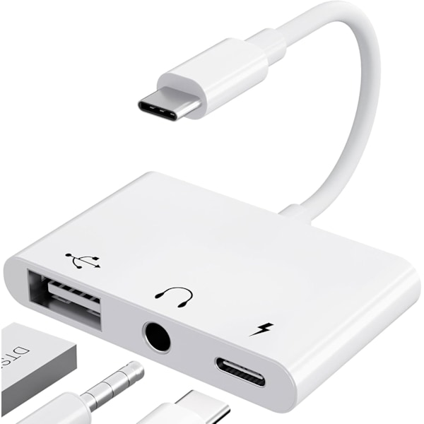 USB C-adapter 3,5 mm-uttag med snabbladdning OTG-adapter, Typ C till Aux-splitter hörlurar ljud (vit)