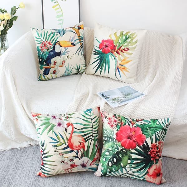 Sæt med 4 pudebetræk 45x45 tropiske planter dekorative puder linned sofa puder