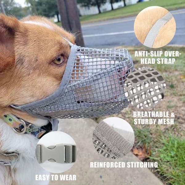 Adjustable Dog Muzzle, Breathable PVC Mesh Anti-Bite Anti-Eat Mask, for Small Medium Large Dogs Walking Training, Grey Size L