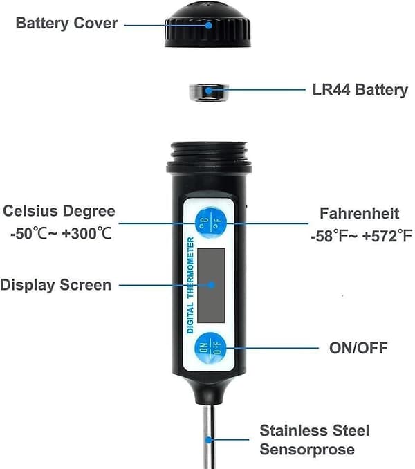 Madlavningstermometer, køkkentermometer digitalt termometer med lang sonde og LCD-display - sort