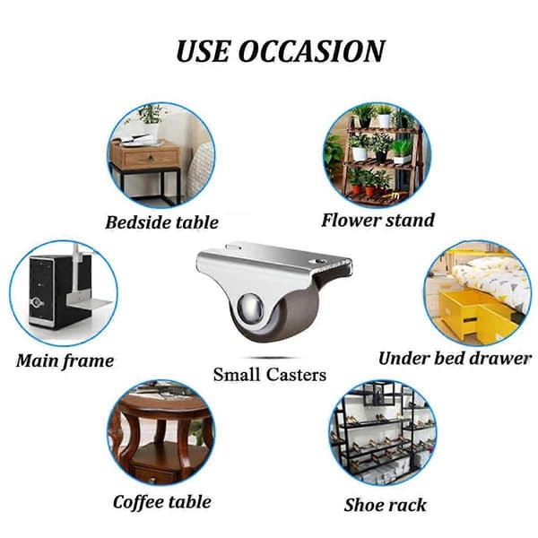 Mini Fixed Wheels, Low Profile Small Wheels with Screws, Silent Rubber Wheels for Furniture 8-pack