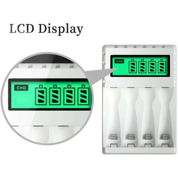 LCD005 Smartlader for AA/AAA-batterier - 4 plasser - LCD-skjerm - USB-C/Micro-USB - Hurtiglading - Lengde: 9,3 cm / Bredde: 6,3 cm / Høyde: 2,7 cm