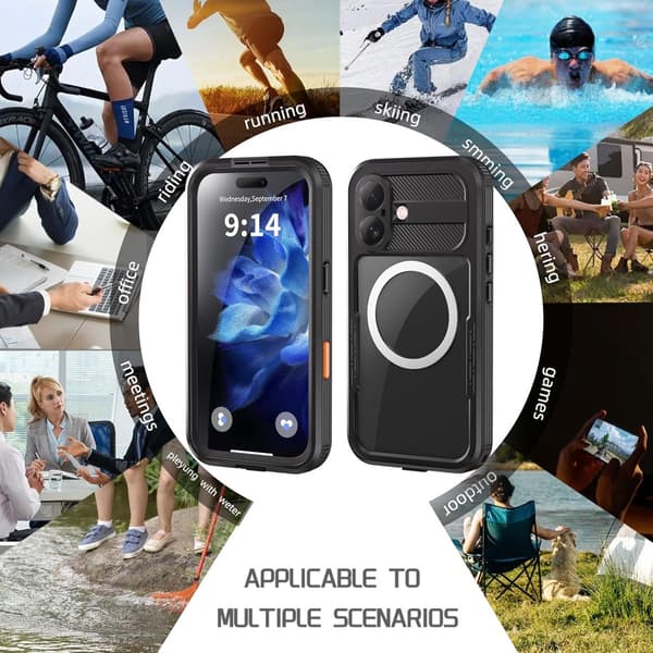Waterproof Outdoor Case for iPhone 16 - Underwater Diving Case with Wrist Strap - Sensitive Touchscreen - Black