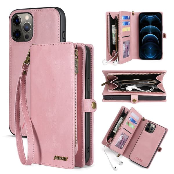 Wallet Case for iPhone 13 Pro, Durable PU Leather Lanyard Wrist Strap Zipper Card Holder Cell Phone Case