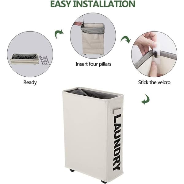 Laundry basket on wheels, foldable, fabric, beige, slim-FX-