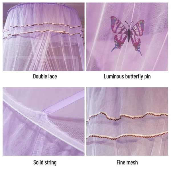 Universal Bed Canopy Dome Bedspread Mosquito Net Tulle Cot Nursery Princess Double Bed Easy to Install, Purple