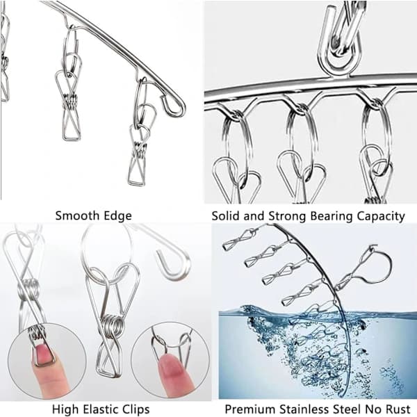 Stainless Steel Drying Rack with Windproof Hooks, Underwear Rack, Clothes Drying Rack with 8 Clips for Drying Socks, Towels (2-Pack)