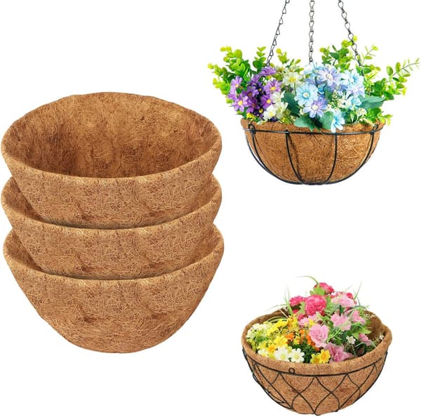 3-pack 12-tums runda hängande korgar kokosfiberfoder, naturliga kokosnötsersättningsfoder för trädgårdsblommor och växtkrukor