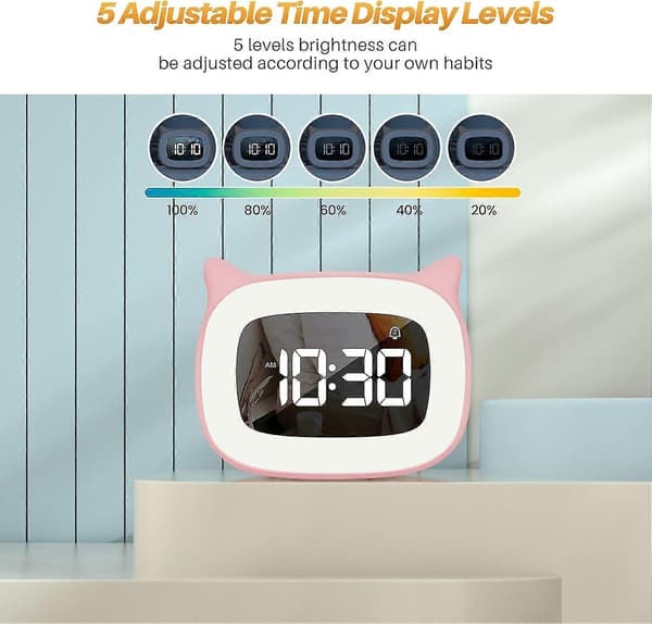 Children's Alarm Clock with Night Light Stepless Dimming Cute Cat Ear Digital Clock Suitable for Boys
