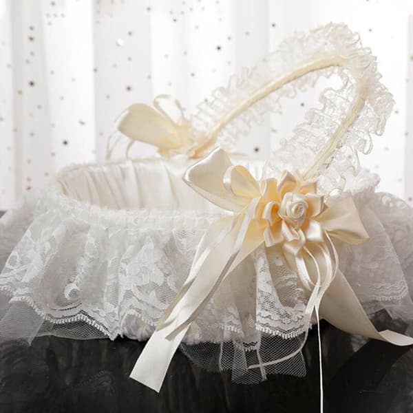Handmade Decorative Flower Basket with Lace Bow and Foldable Handle - Bridesmaid Basket