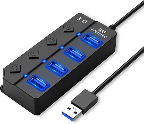 USB 3.0-hub med separat bryter og LED-lamper, 4-porters USB-hub