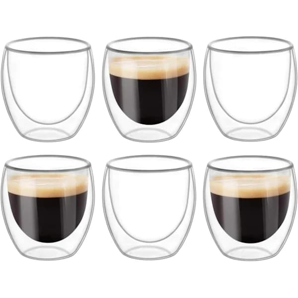 6 stk. dobbeltvæggede kopper glaskrus, transparente dobbeltvæggede kaffekopper, dobbeltvæggede, cappuccino, latte og isolerede (80 ml)
