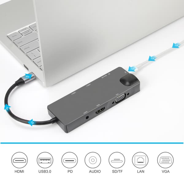 9-i-1 USB-C Hub med USB 3.0, HDMI, RJ45, SD/TF-kortlæser, 100W PD, VGA
