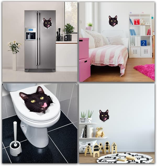 3D Cat Wall Decals 2-pack, Black Hungry Cat Stickers for Refrigerator & Car-FX-