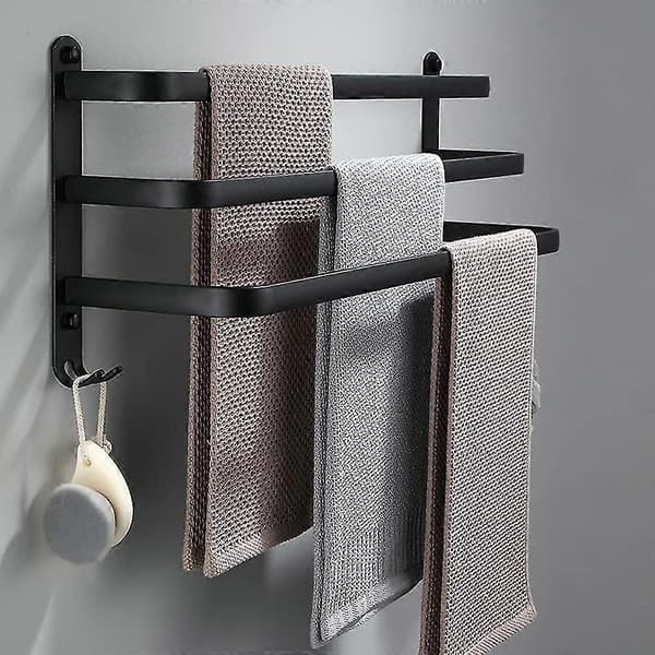 Waterproof Black Towel Rack - 3-Tier Wall Mounted With Hooks - 30cm