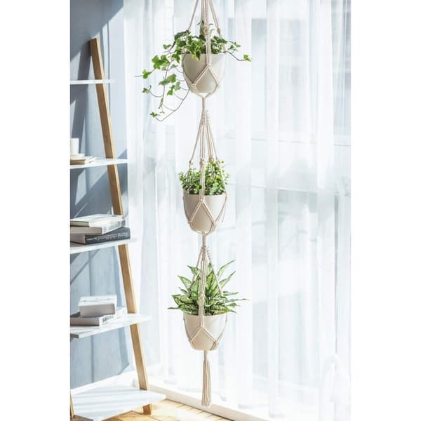 Macrame växt hängare 3 nivåer inomhus utomhus hängande planteringskorg bomullsrep med pärlor 177cm KLB