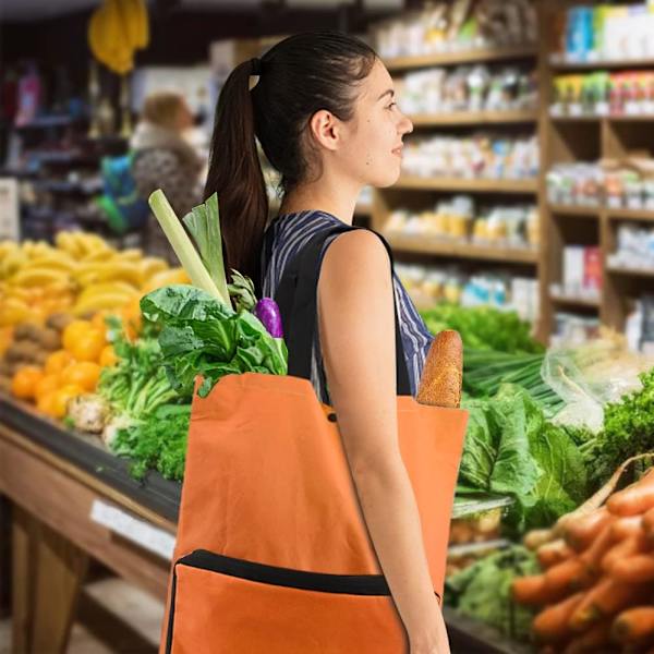 Sammenklappelig indkøbsvogn, sammenklappelig taske med gummihjul, sammenklappelig trolley Oxford stofpose genanvendelig til supermarked, kapacitet med hjul Orange