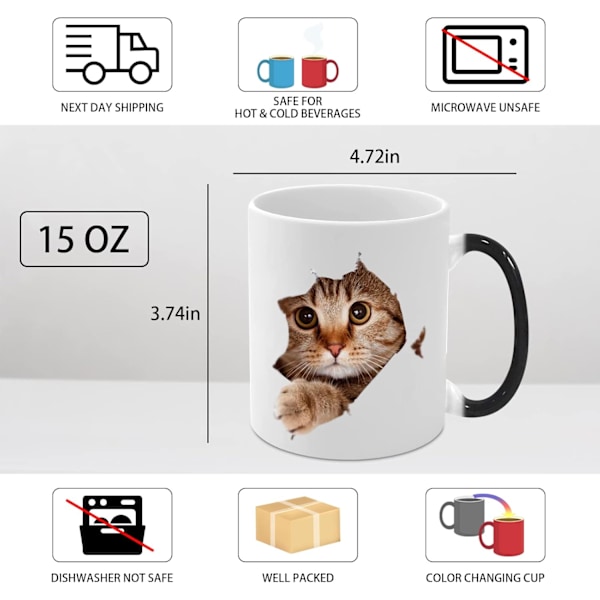 Färgskiftande Mugg, Rolig Katt Färgskiftande Keramisk Kaffekopp, 33 cl Färgbytande Kaffemugg, Söt Julklappsmugg