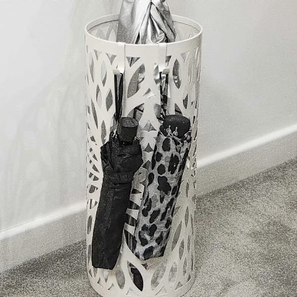 Modern White Metal Umbrella Stand with 4 Hooks & Removable Drip Tray
