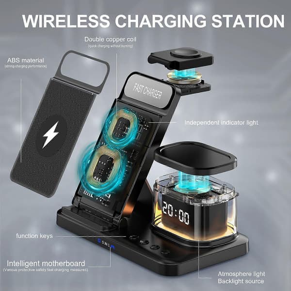 Wireless Charging Station with Digital Alarm Clock, Multi-Device Charging Station, 15W Wireless Charger, Stand for IOS and Android