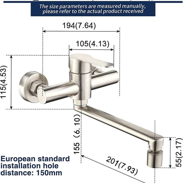 Wall-mounted kitchen faucet with 2 nozzles, sink mixer, 360° rotatable, wall-m