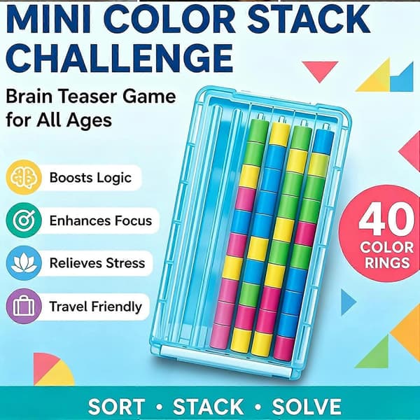 Mini Color Stack Challenge, Bærbart Hjernetrimpuslespill med 40 Ringer og Stativ, Fargematchende Stablelek med Kort