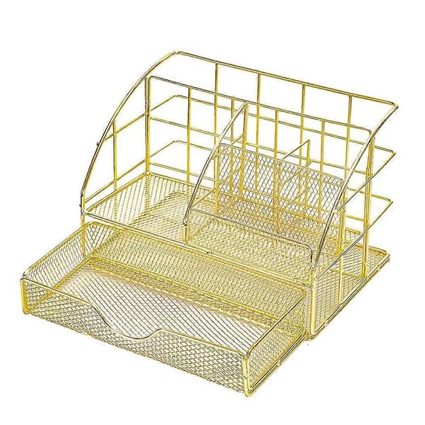 Mesh skrivebordsorganisator, penneholder med 5 rum og 1 skuffe til kontor og hjem, guld