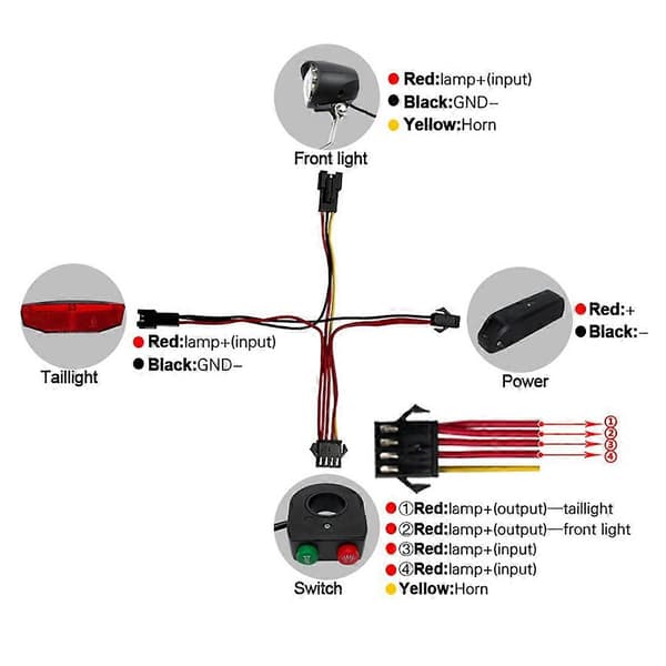 Elektrisk sykkel foran baklys sett 12-72V Ebike frontlys baklys tilkoblingskabler kit sykling