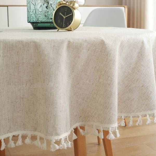 Rund duk ensfarget duk med dusker enkel duk beige 100CM