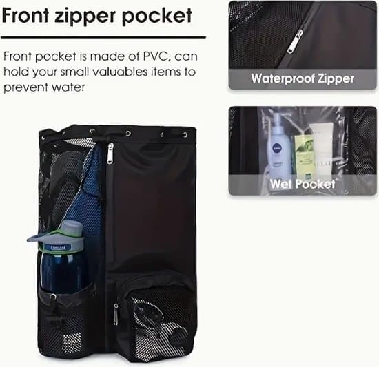 Mesh Drawstring Backpack with Wet Compartment, Large Capacity Beach Bag for Swimming, Surfing, Travel, Gym, Light Grey