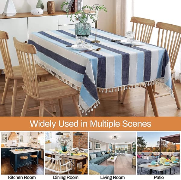 Striped Tassel Tablecloth, Stitched Rectangular Cotton Linen Tablecloth, Table Cover for Kitchen Dining Tabletop 137 x 305 cm Blue
