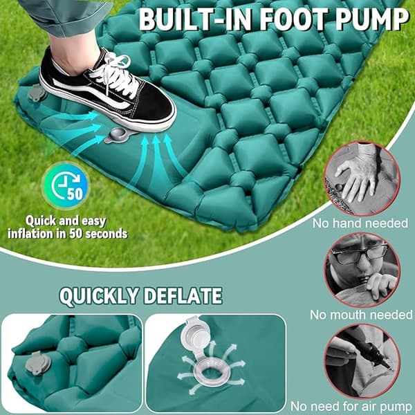 Portable Inflatable Camping Mattress with Pillow, Self-Inflating Beach Mat with Foot Pump