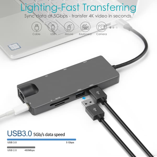 9-i-1 USB-C Hub med USB 3.0, HDMI, RJ45, SD/TF-kortlæser, 100W PD, VGA