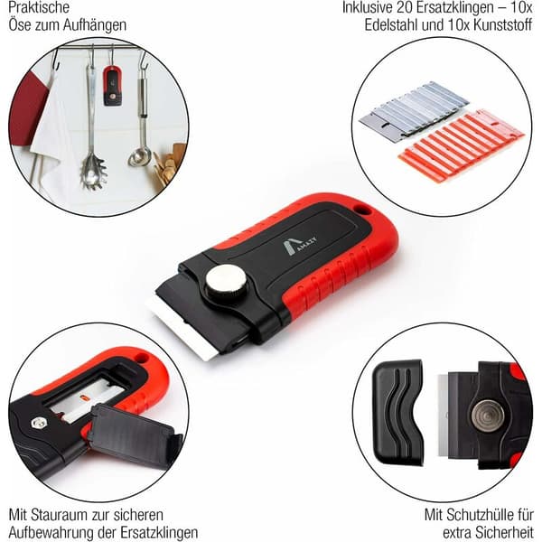 Ceramic Hob Scraper with 20 Blades - Multifunctional Tool for Induction Hobs, Windows, Mirrors, and Tables - Compact and Ergonomic Handle