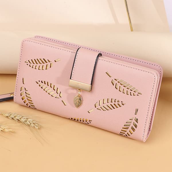 Long card holder wallet with leaf pattern, stylish, multiple dividers, PU with zipper and buckle, long wallet, pink