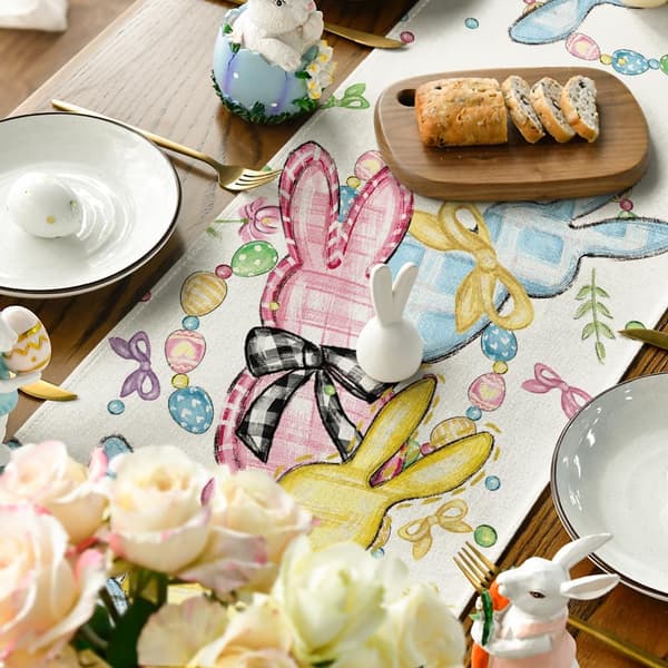 Floral Bow Bunny Egg Easter Table Runner, Spring Kitchen and Dining Table Decoration, 33x183 cm