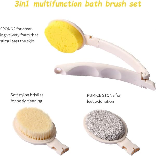 3-i-1 Bath Brush Set, Foldable Long Handle Shower Brush, Bath Brush with 3 Replaceable Heads Bristle Sponge Pumice Head for Exfoliating Shower-3