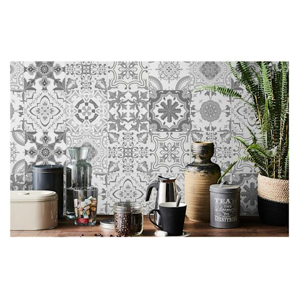 24 pcs Flower Tile Sticker 15x15cm-Grey, Kitchen Hall
